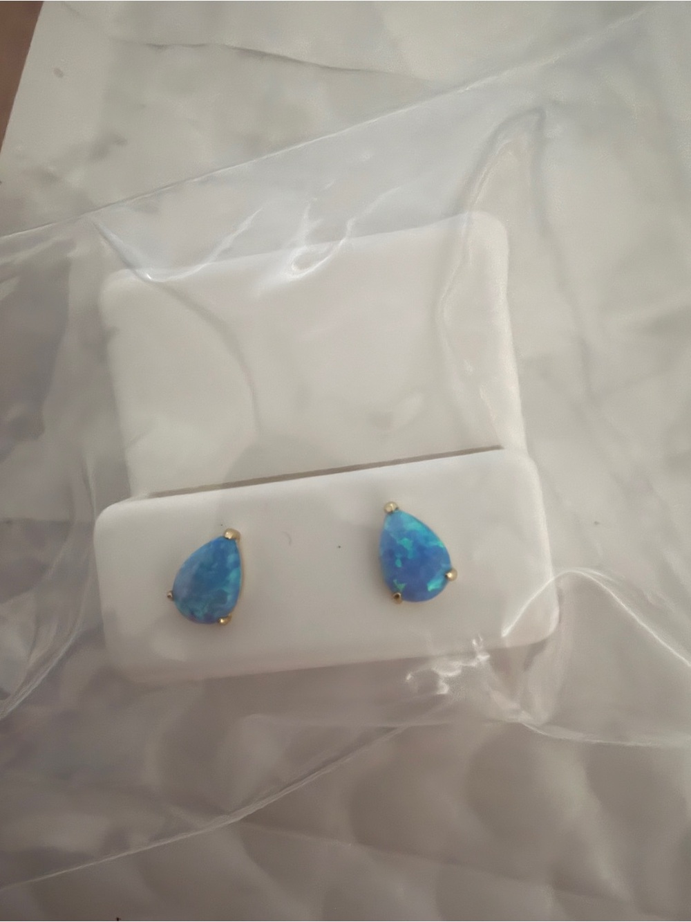 Teardrop Blue Opal Stud Earrings S925 over Gold. Elegant Women's Jewelry